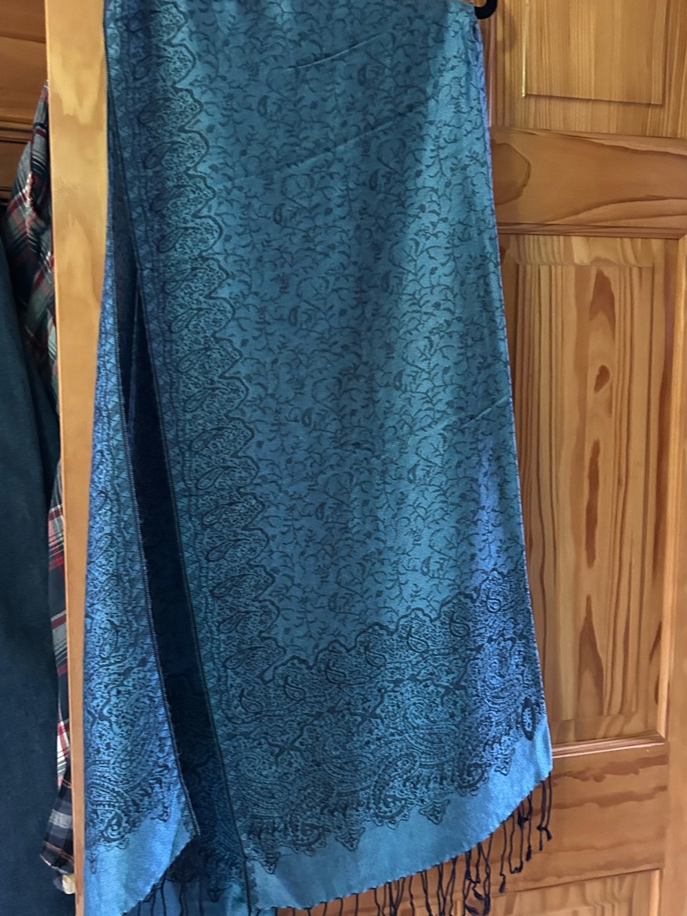 pashmina Teal and Navy Paisley Fringe Scarf